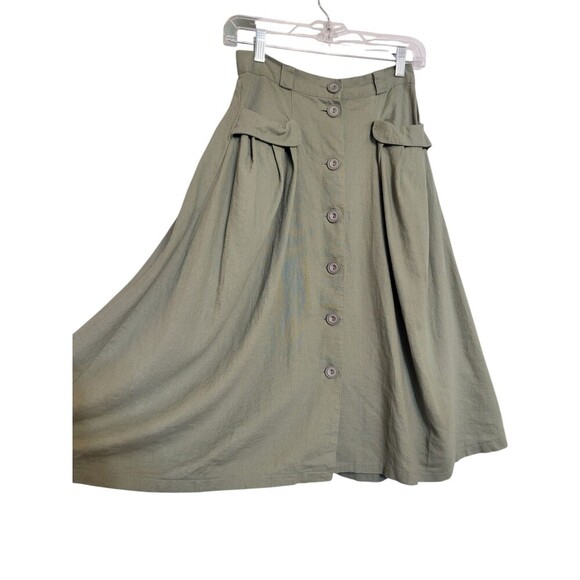 Modcloth Effortless Feature Midi Skirt Sz 2 Linen Blend Olive Green Pockets F243 - Picture 12 of 13